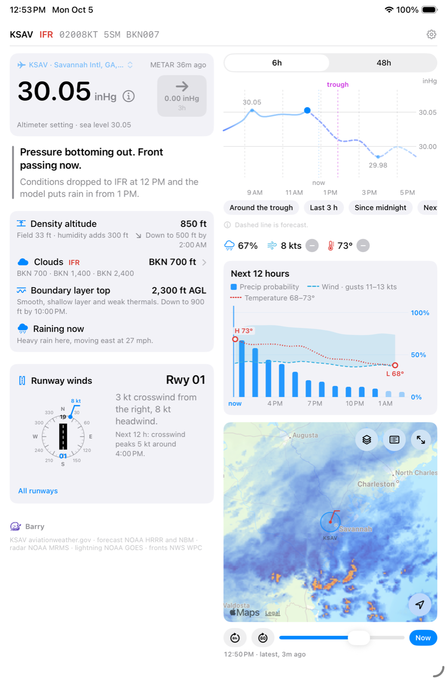 Barry's dashboard: the pressure, what it means in a sentence, and the curve, on an iPad