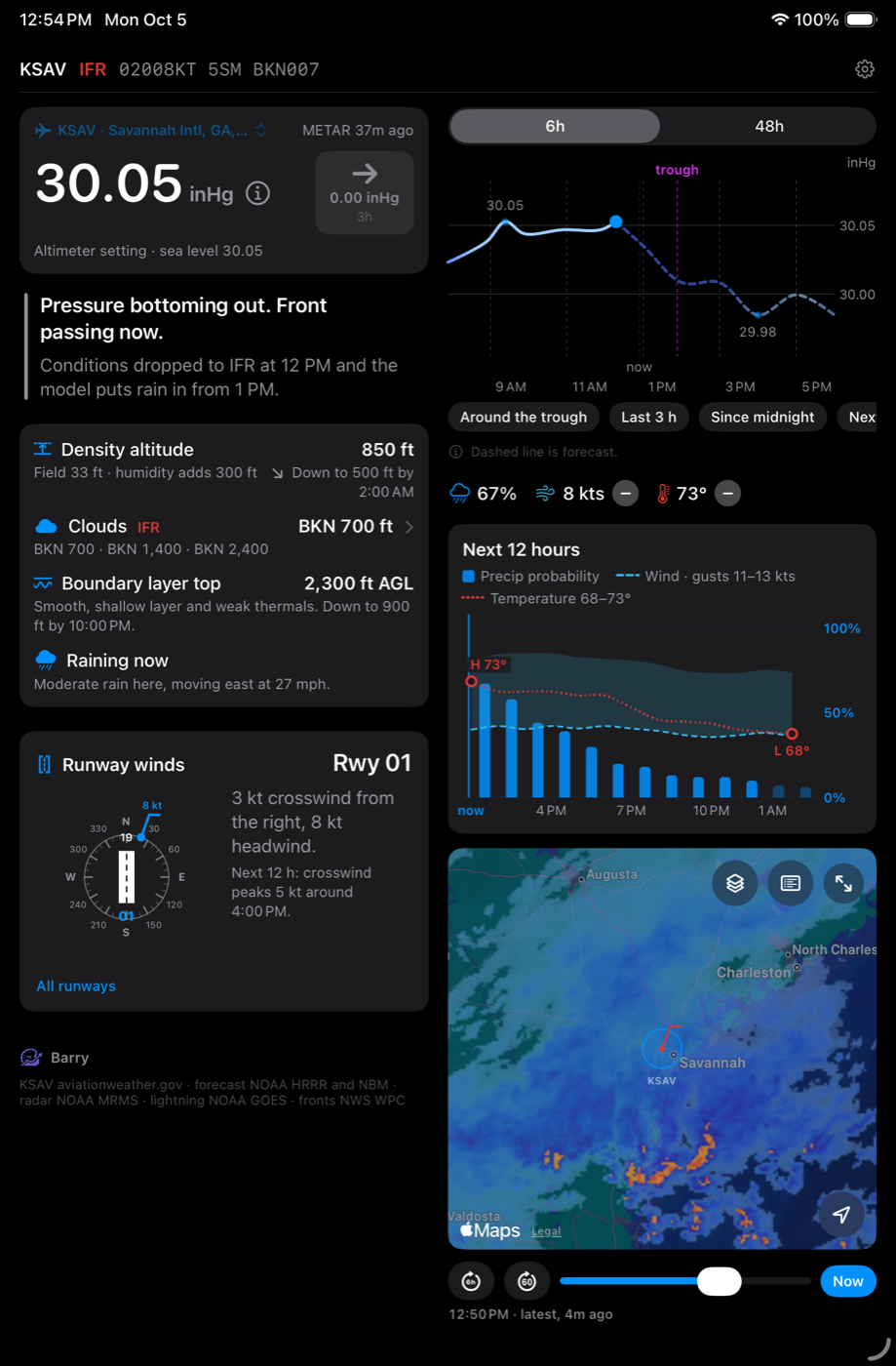 Barry's dashboard: the pressure, what it means in a sentence, and the curve, on an iPad in dark mode