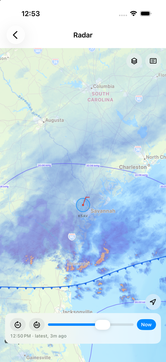 The radar with rain, fronts, pressure lines and lightning on one map