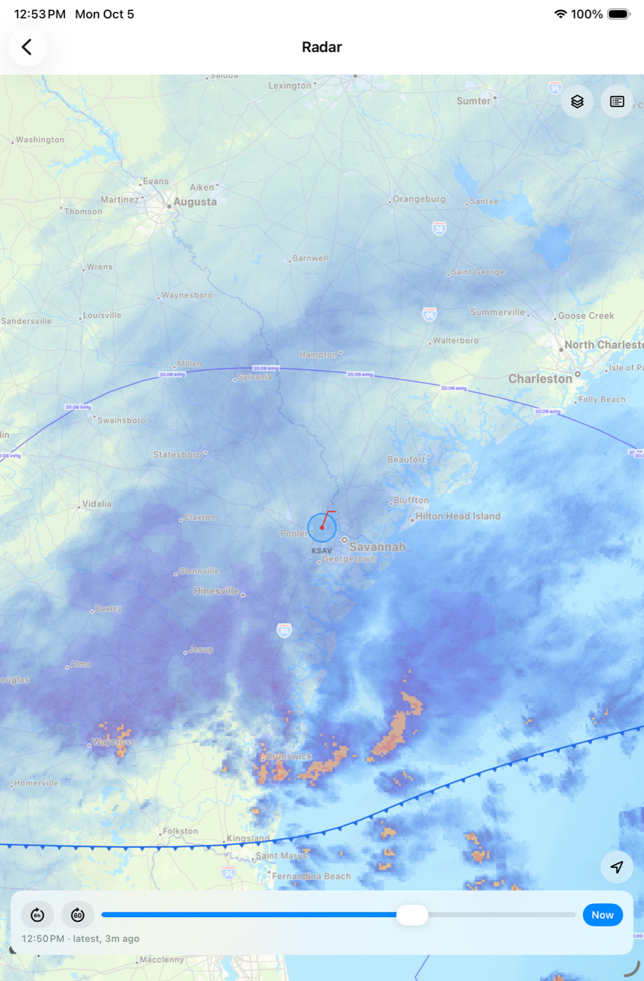 The radar with rain, fronts, pressure lines and lightning on one map, on an iPad