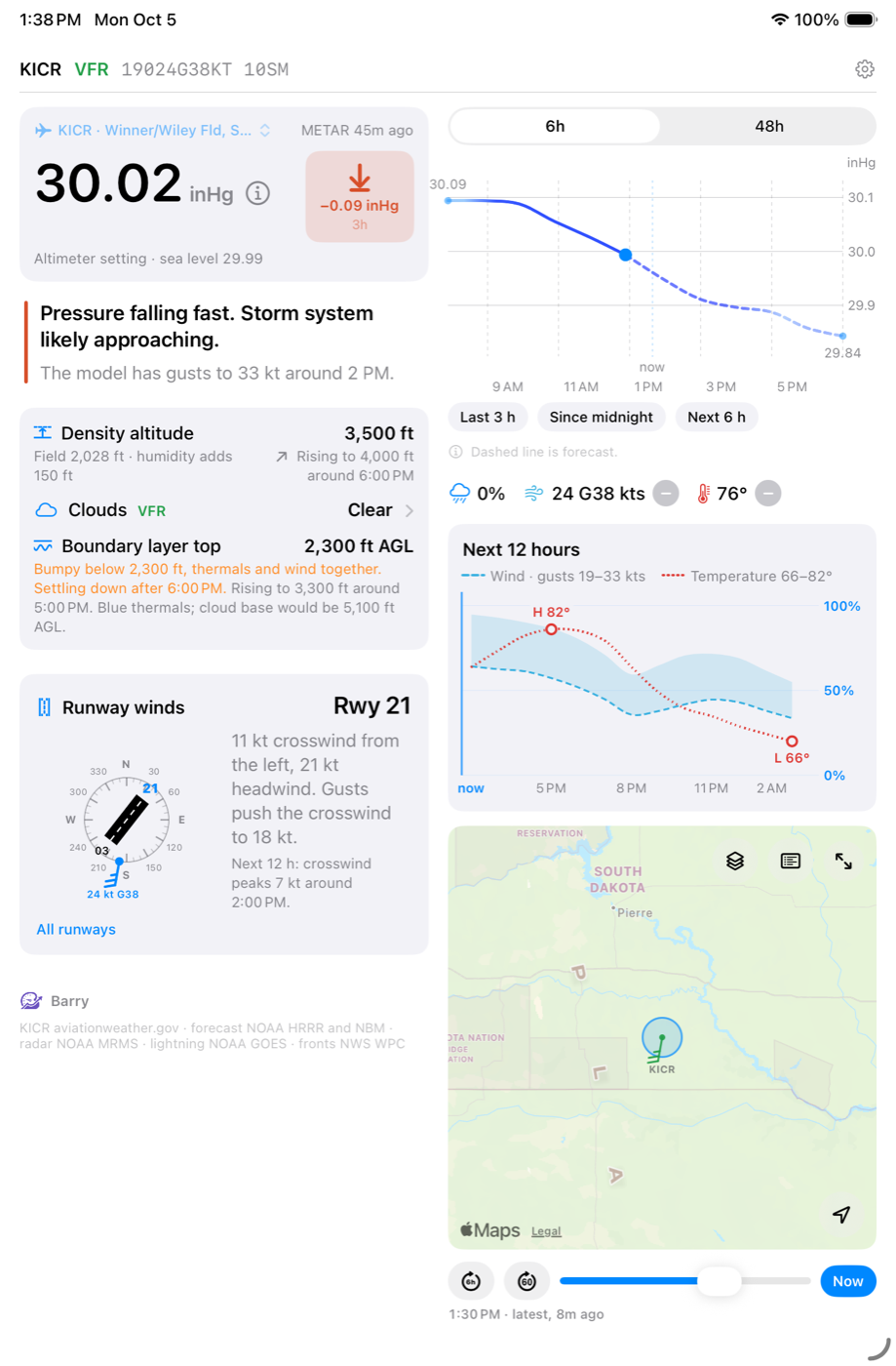 The runway card: the favored runway with its headwind and crosswind, under density altitude, on an iPad