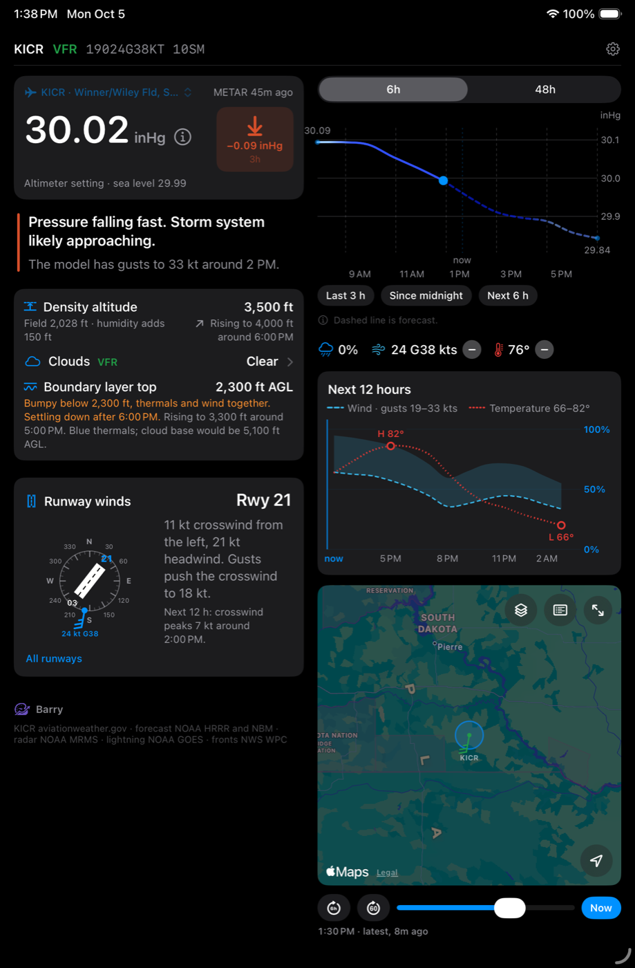 The runway card: the favored runway with its headwind and crosswind, under density altitude, on an iPad in dark mode